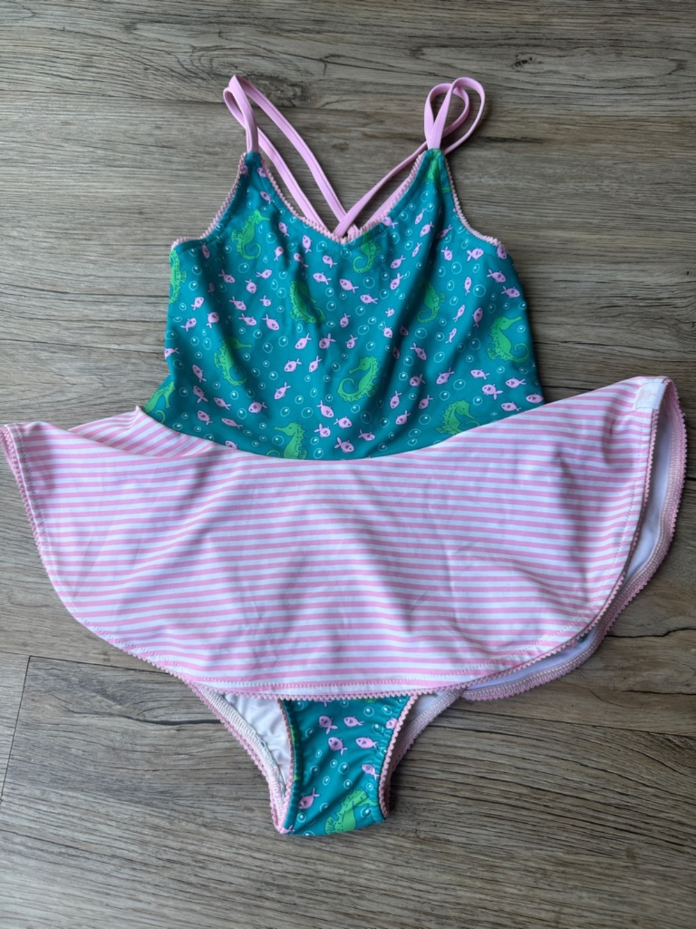 Sweet Honey Girls' Teal Seahorse & Pink Stripe Swimsuit beach one piece skirt